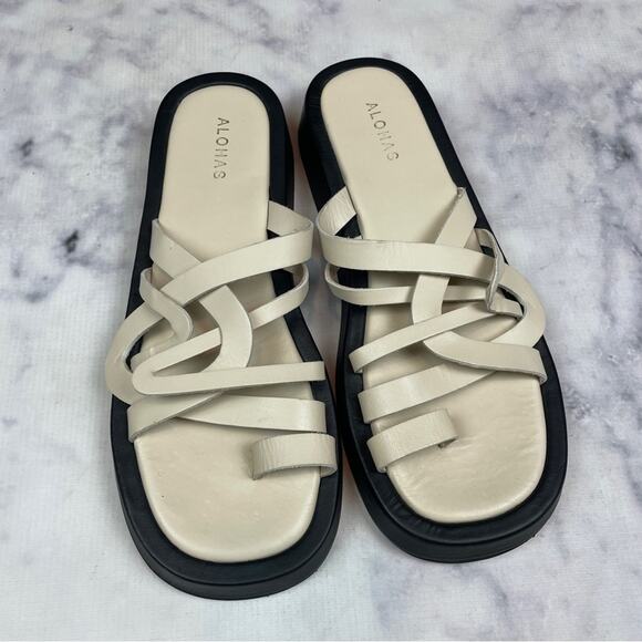 Alohas Ivory Toe Ring Strappy Flat Sandals Flip Flops Minimalist Sz 41 - Picture 4 of 10